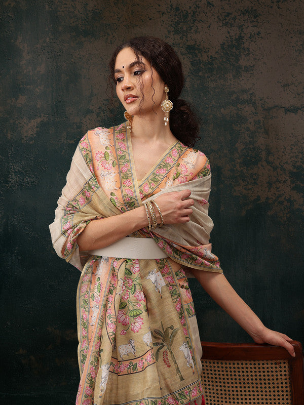 Green Cotton Blend Digital Print Animal Print Saree with Unstitched Blouse - Hiral Fashion