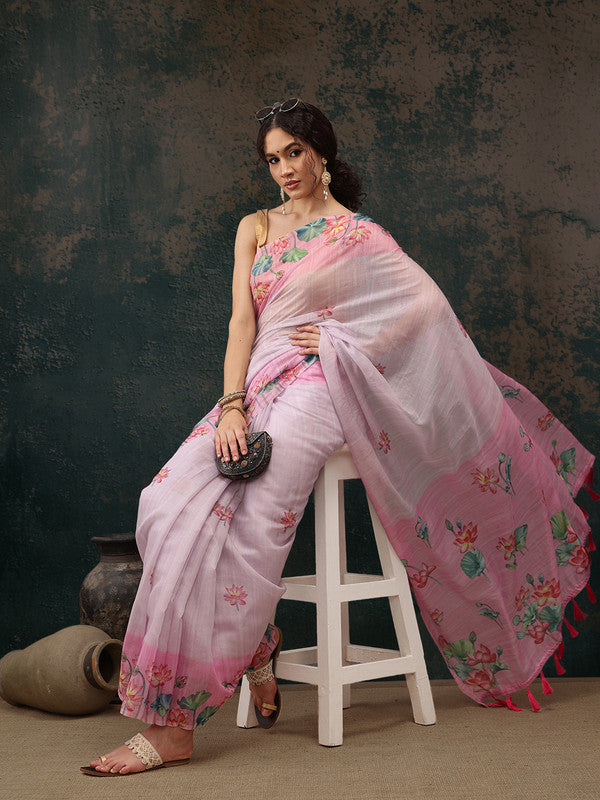 Light Pink Cotton Blend Digital Print Animal Print Saree with Unstitched Blouse - Hiral Fashion