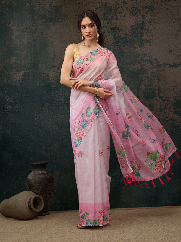 Light Pink Cotton Blend Digital Print Animal Print Saree with Unstitched Blouse - Hiral Fashion