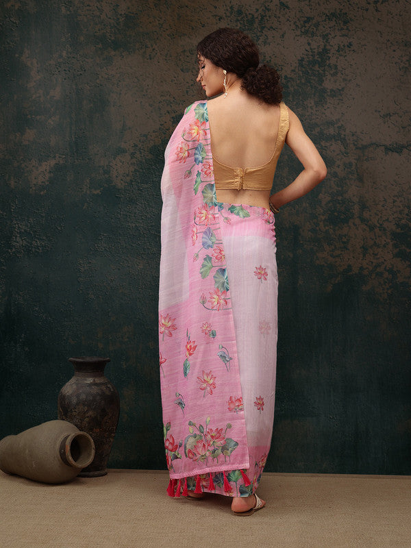 Light Pink Cotton Blend Digital Print Animal Print Saree with Unstitched Blouse - Hiral Fashion