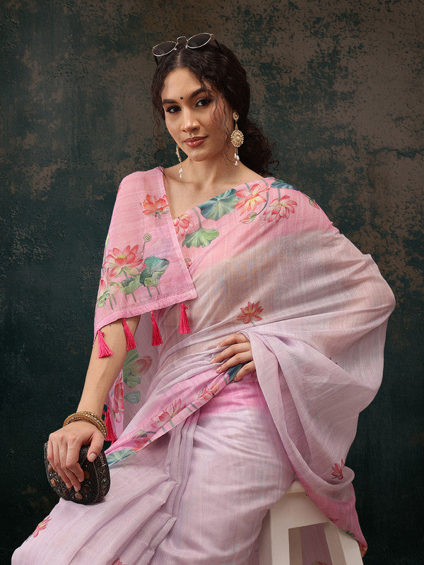 Light Pink Cotton Blend Digital Print Animal Print Saree with Unstitched Blouse - Hiral Fashion