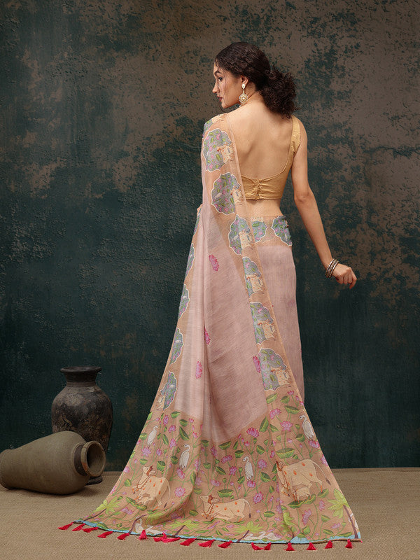 Lavender Cotton Blend Digital Print Animal Print Saree with Unstitched Blouse - Hiral Fashion