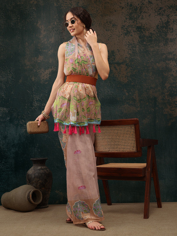 Lavender Cotton Blend Digital Print Animal Print Saree with Unstitched Blouse - Hiral Fashion