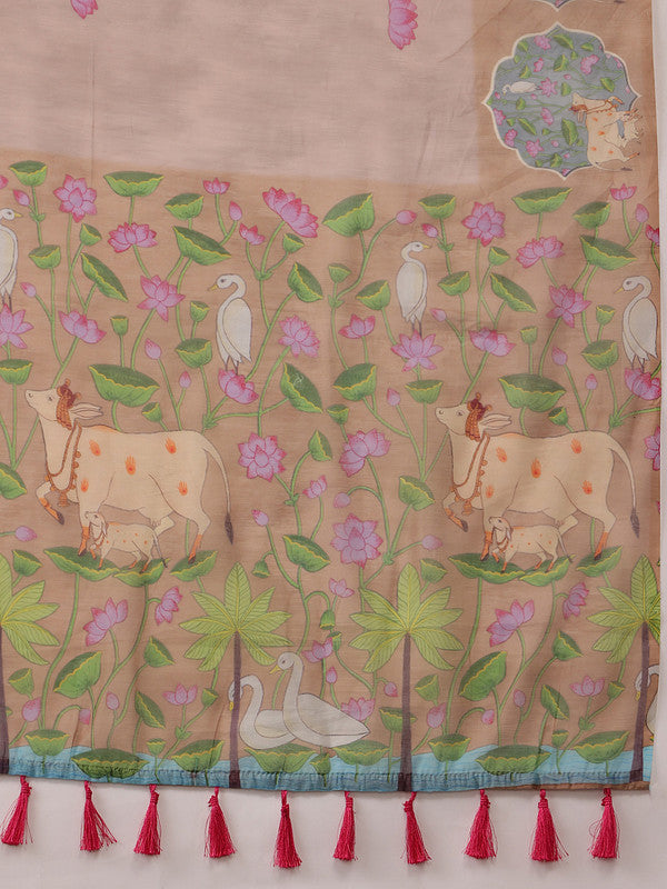 Lavender Cotton Blend Digital Print Animal Print Saree with Unstitched Blouse - Hiral Fashion