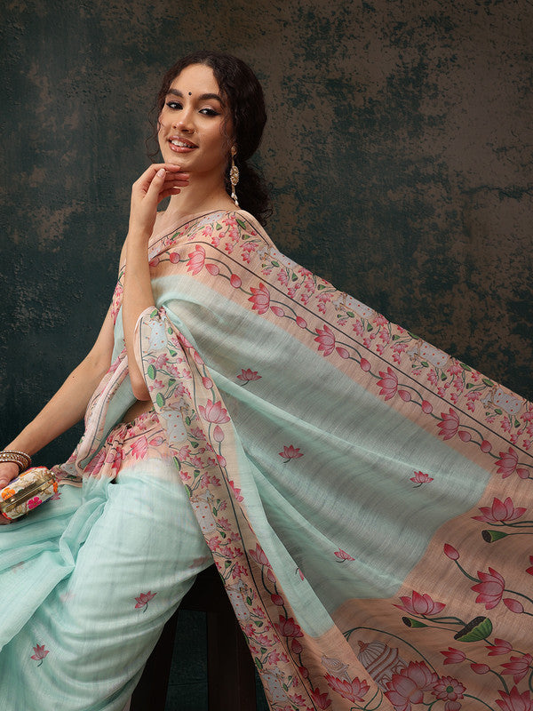 Turquoise Cotton Blend Digital Print Animal Print Saree with Unstitched Blouse - Hiral Fashion