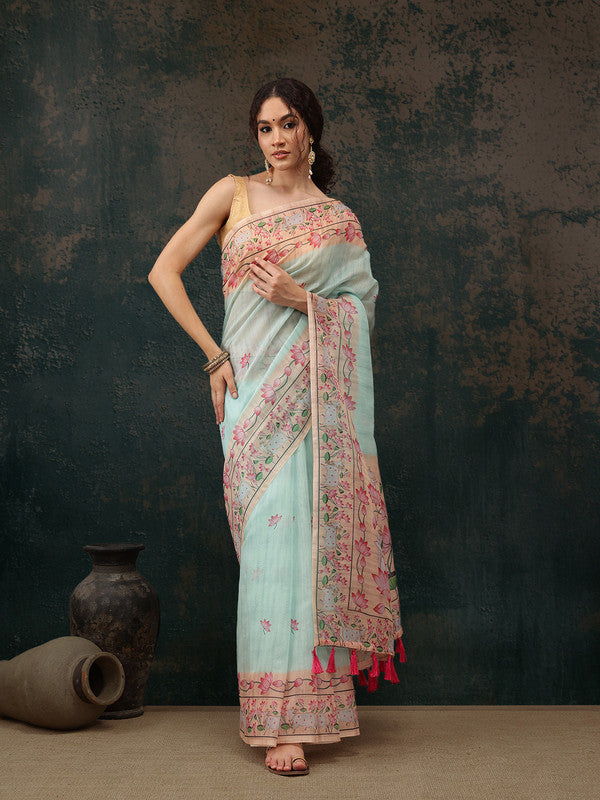 Turquoise Cotton Blend Digital Print Animal Print Saree with Unstitched Blouse - Hiral Fashion