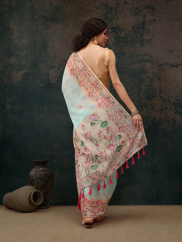 Turquoise Cotton Blend Digital Print Animal Print Saree with Unstitched Blouse - Hiral Fashion