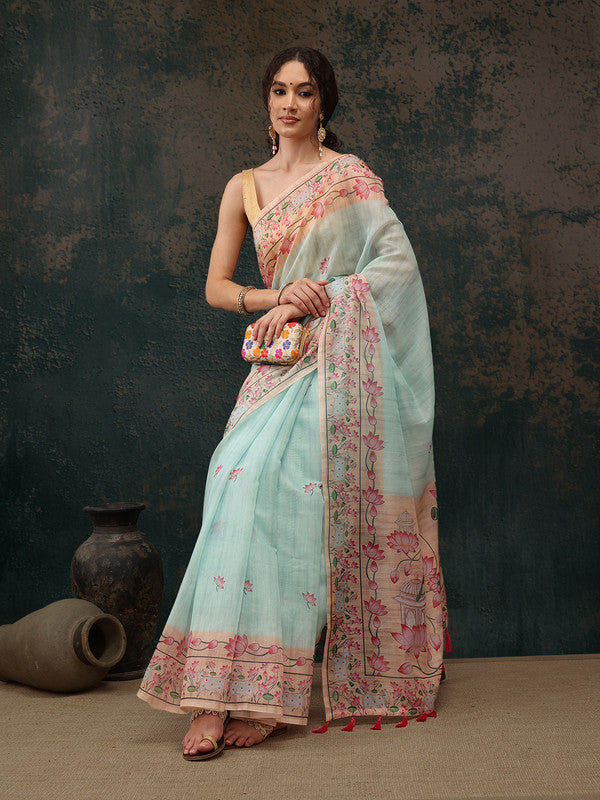 Turquoise Cotton Blend Digital Print Animal Print Saree with Unstitched Blouse - Hiral Fashion