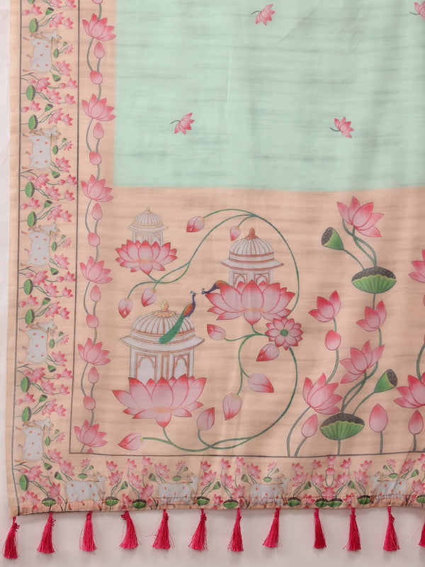 Turquoise Cotton Blend Digital Print Animal Print Saree with Unstitched Blouse - Hiral Fashion