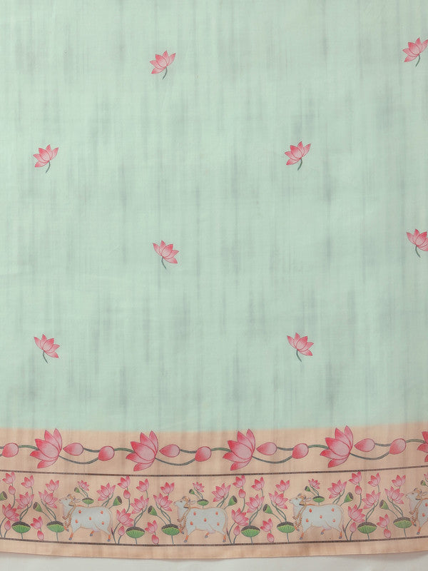 Turquoise Cotton Blend Digital Print Animal Print Saree with Unstitched Blouse - Hiral Fashion