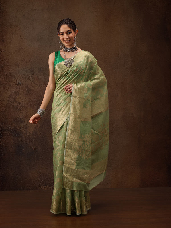 Green Cotton Woven Zari Design Floral Saree with Unstitched Blouse - Hiral Fashion