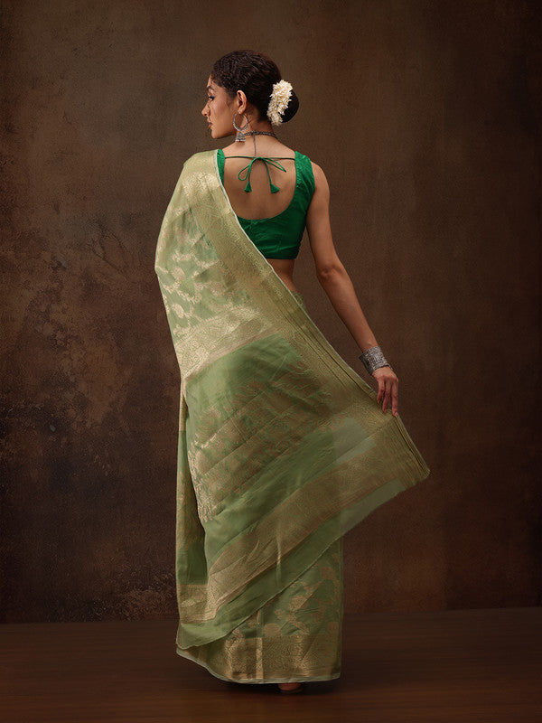 Green Cotton Woven Zari Design Floral Saree with Unstitched Blouse - Hiral Fashion