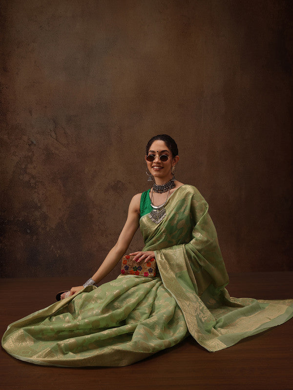 Green Cotton Woven Zari Design Floral Saree with Unstitched Blouse - Hiral Fashion