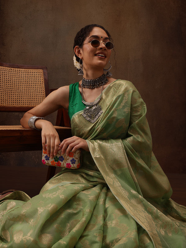 Green Cotton Woven Zari Design Floral Saree with Unstitched Blouse - Hiral Fashion
