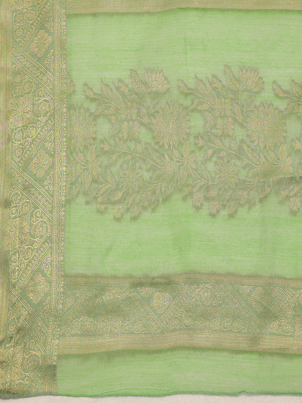Green Cotton Woven Zari Design Floral Saree with Unstitched Blouse - Hiral Fashion