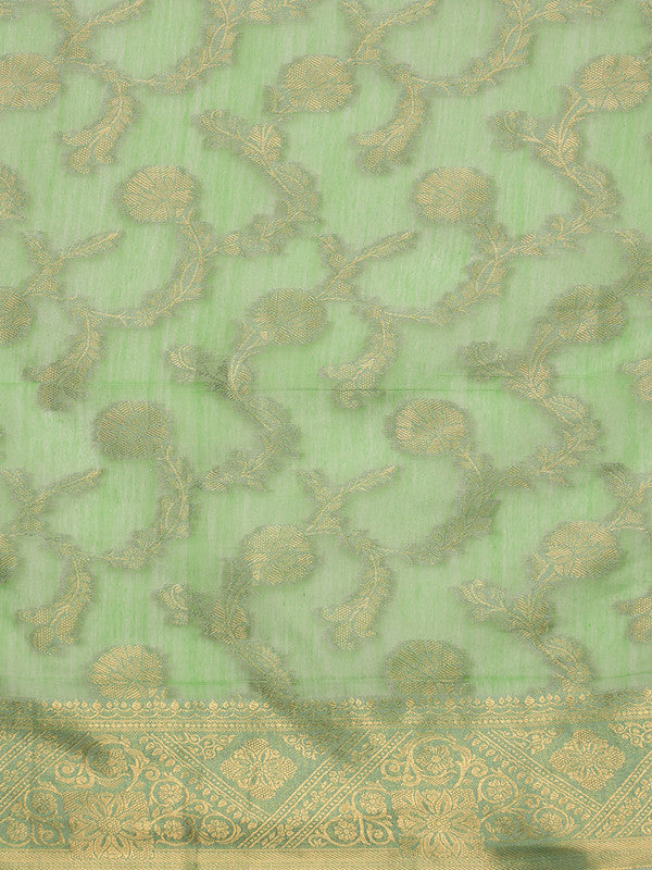 Green Cotton Woven Zari Design Floral Saree with Unstitched Blouse - Hiral Fashion