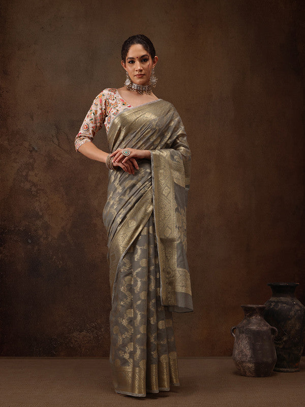 Gray Cotton Woven Zari Design Floral Saree with Unstitched Blouse - Hiral Fashion