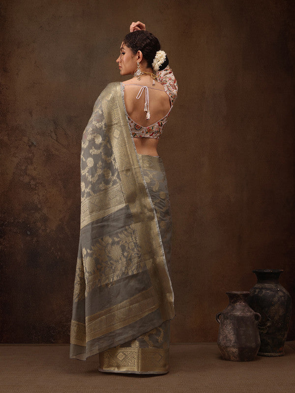 Gray Cotton Woven Zari Design Floral Saree with Unstitched Blouse - Hiral Fashion