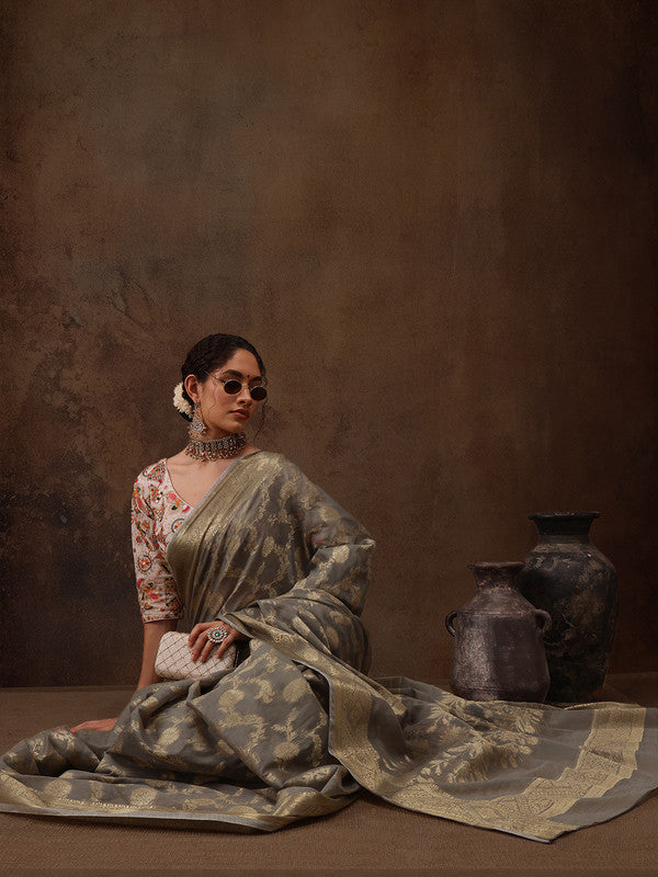 Gray Cotton Woven Zari Design Floral Saree with Unstitched Blouse - Hiral Fashion