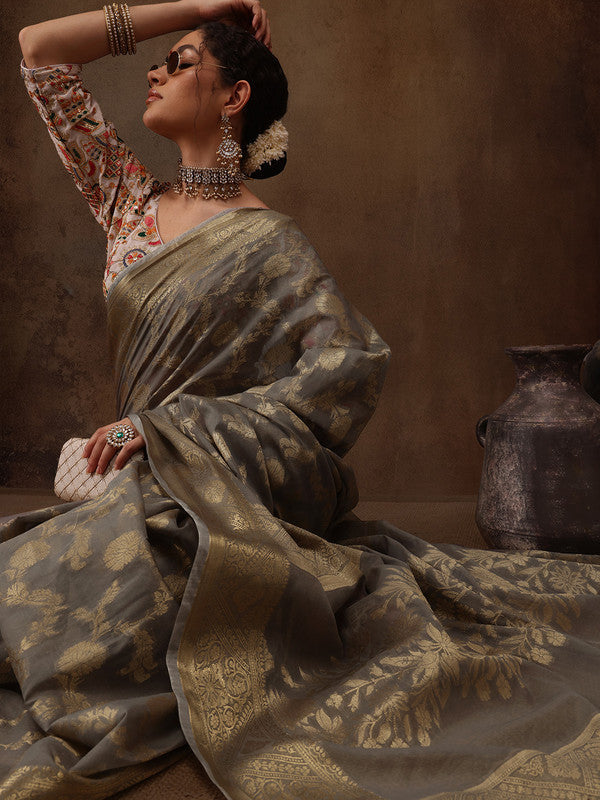 Gray Cotton Woven Zari Design Floral Saree with Unstitched Blouse - Hiral Fashion