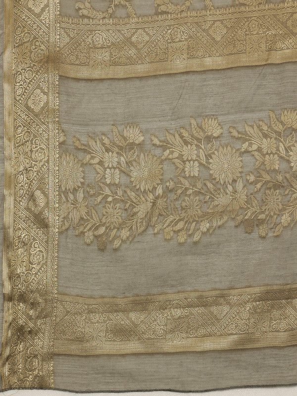 Gray Cotton Woven Zari Design Floral Saree with Unstitched Blouse - Hiral Fashion