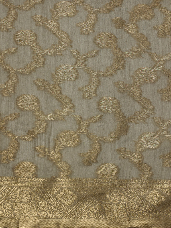 Gray Cotton Woven Zari Design Floral Saree with Unstitched Blouse - Hiral Fashion