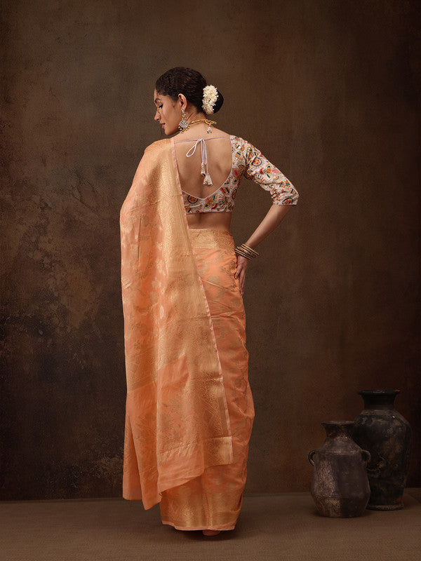 Peach Cotton Woven Zari Design Floral Saree with Unstitched Blouse - Hiral Fashion