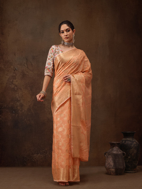 Peach Cotton Woven Zari Design Floral Saree with Unstitched Blouse - Hiral Fashion