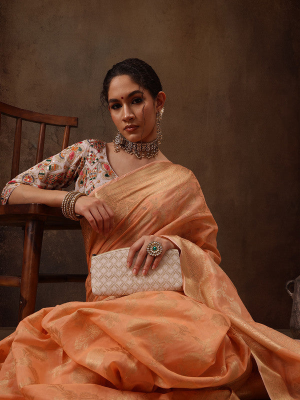 Peach Cotton Woven Zari Design Floral Saree with Unstitched Blouse - Hiral Fashion