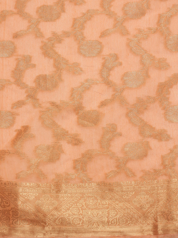 Peach Cotton Woven Zari Design Floral Saree with Unstitched Blouse - Hiral Fashion