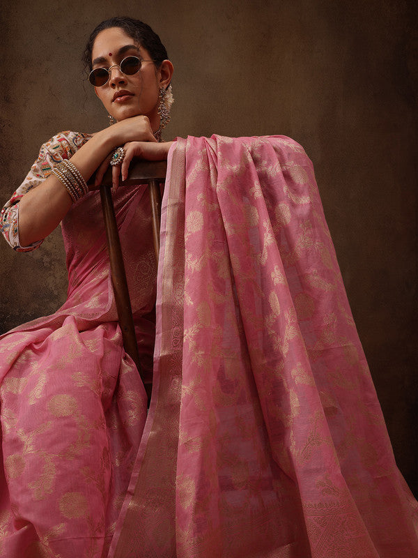 Pink Cotton Woven Zari Design Floral Saree with Unstitched Blouse - Hiral Fashion