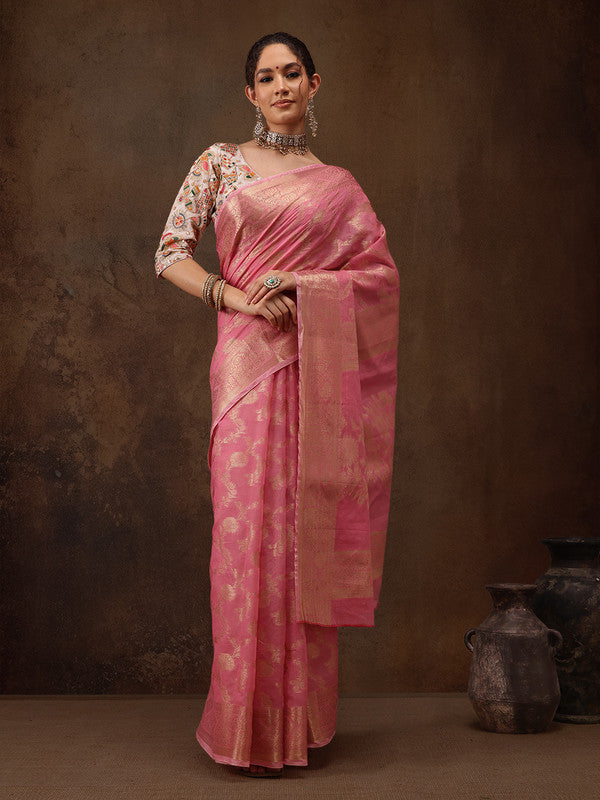 Pink Cotton Woven Zari Design Floral Saree with Unstitched Blouse - Hiral Fashion