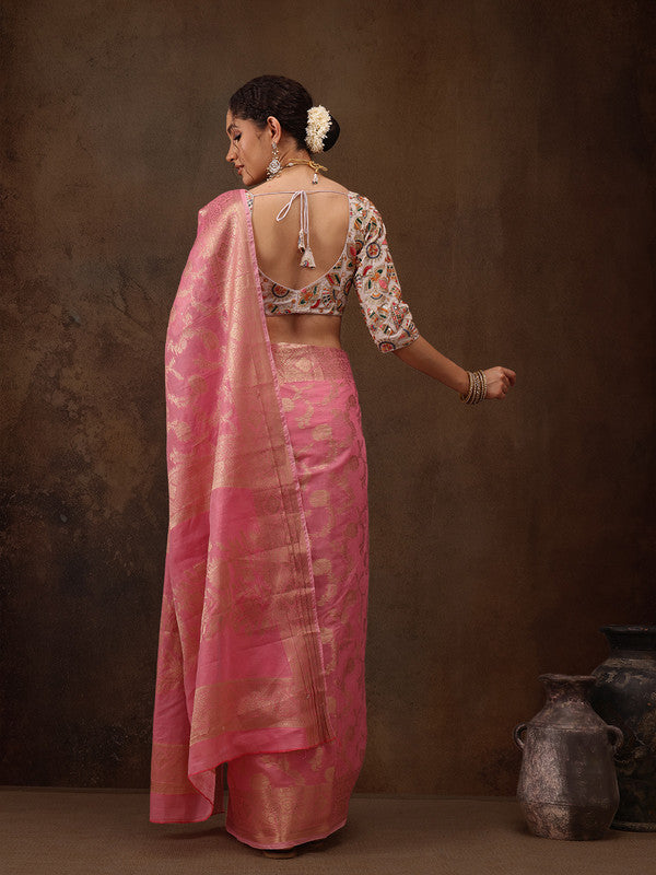 Pink Cotton Woven Zari Design Floral Saree with Unstitched Blouse - Hiral Fashion