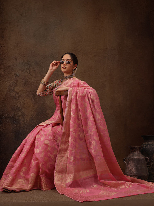 Pink Cotton Woven Zari Design Floral Saree with Unstitched Blouse - Hiral Fashion