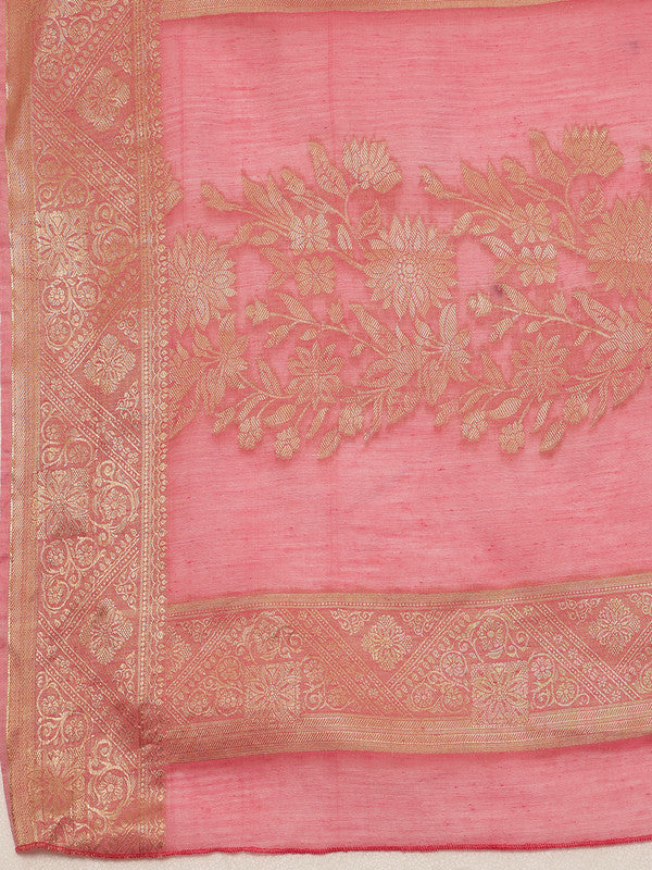 Pink Cotton Woven Zari Design Floral Saree with Unstitched Blouse - Hiral Fashion