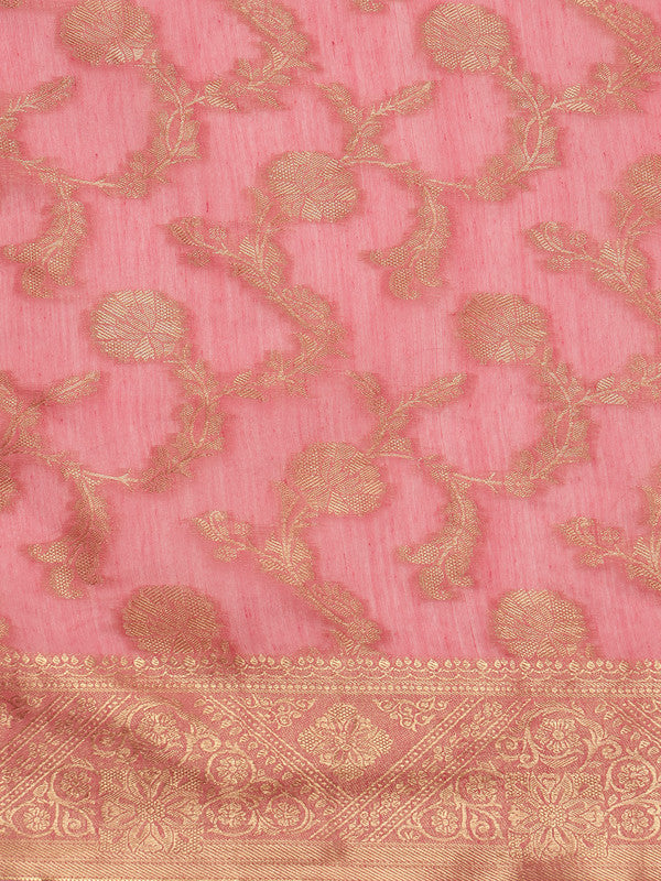Pink Cotton Woven Zari Design Floral Saree with Unstitched Blouse - Hiral Fashion