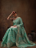 Turquoise Cotton Woven Zari Design Floral Saree with Unstitched Blouse - Hiral Fashion