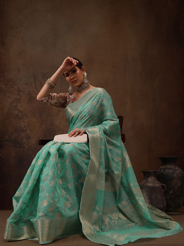 Turquoise Cotton Woven Zari Design Floral Saree with Unstitched Blouse - Hiral Fashion