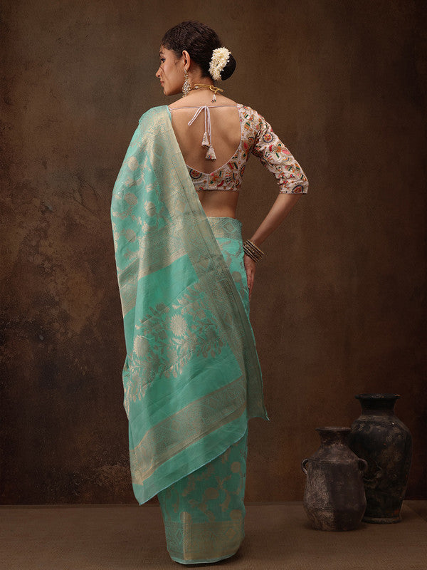 Turquoise Cotton Woven Zari Design Floral Saree with Unstitched Blouse - Hiral Fashion