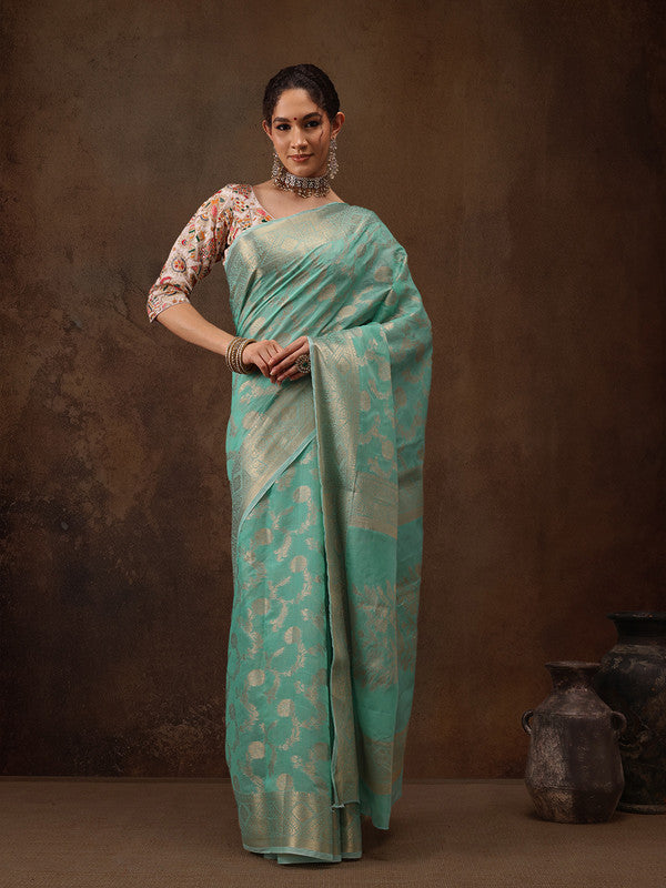 Turquoise Cotton Woven Zari Design Floral Saree with Unstitched Blouse - Hiral Fashion