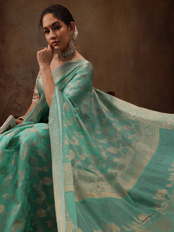 Turquoise Cotton Woven Zari Design Floral Saree with Unstitched Blouse - Hiral Fashion