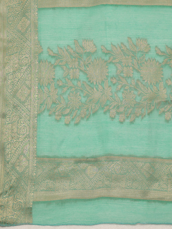 Turquoise Cotton Woven Zari Design Floral Saree with Unstitched Blouse - Hiral Fashion