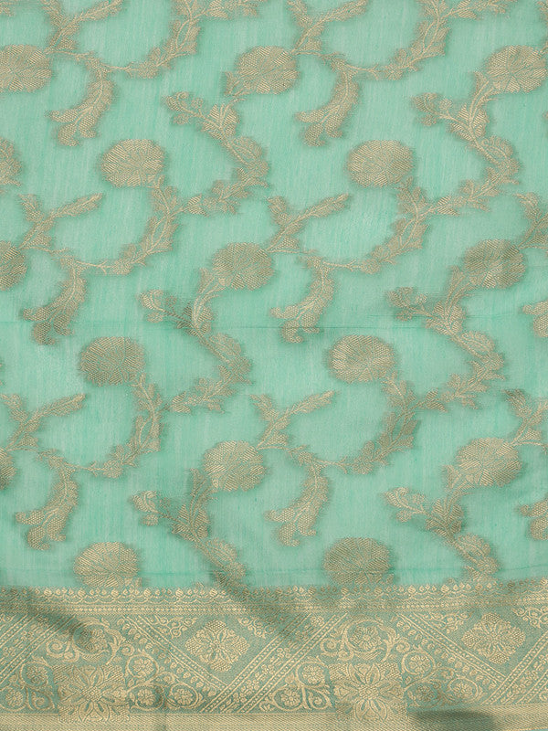 Turquoise Cotton Woven Zari Design Floral Saree with Unstitched Blouse - Hiral Fashion