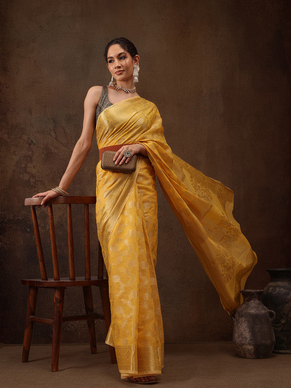 Yellow Cotton Woven Zari Design Floral Saree with Unstitched Blouse - Hiral Fashion