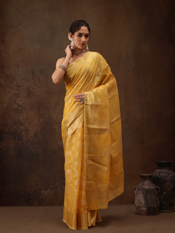 Yellow Cotton Woven Zari Design Floral Saree with Unstitched Blouse - Hiral Fashion