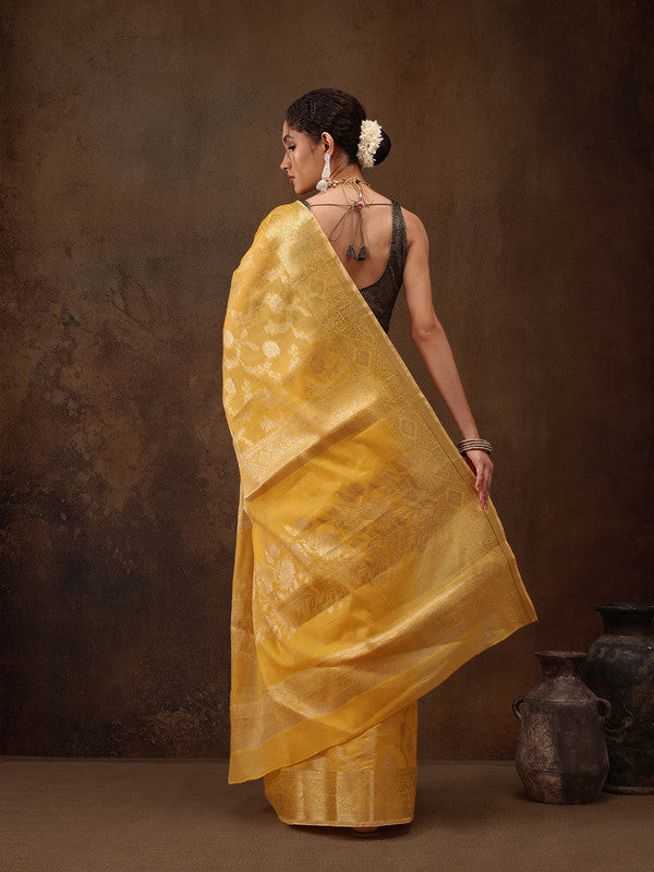 Yellow Cotton Woven Zari Design Floral Saree with Unstitched Blouse - Hiral Fashion