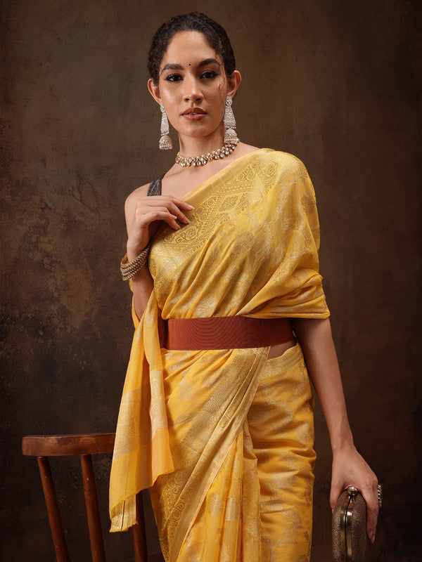 Yellow Cotton Woven Zari Design Floral Saree with Unstitched Blouse - Hiral Fashion