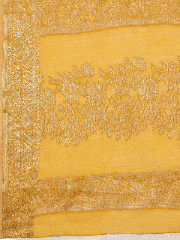 Yellow Cotton Woven Zari Design Floral Saree with Unstitched Blouse - Hiral Fashion