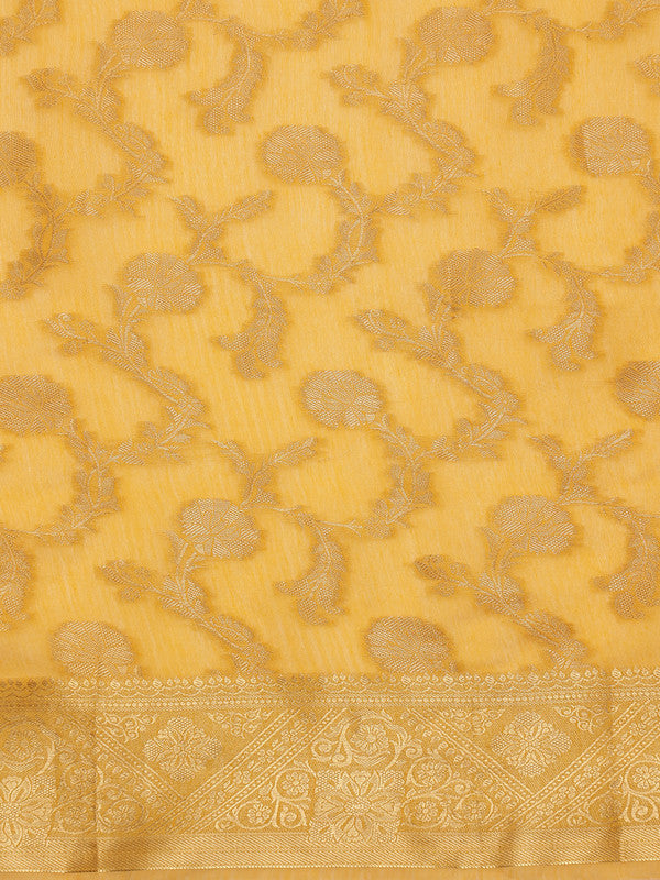 Yellow Cotton Woven Zari Design Floral Saree with Unstitched Blouse - Hiral Fashion