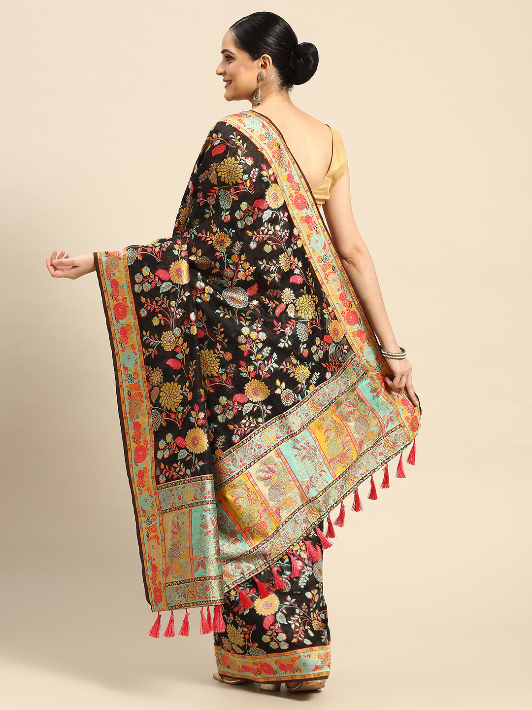 Black Cotton Blend Woven Thread Floral Saree with Unstitched Blouse - Hiral Fashion